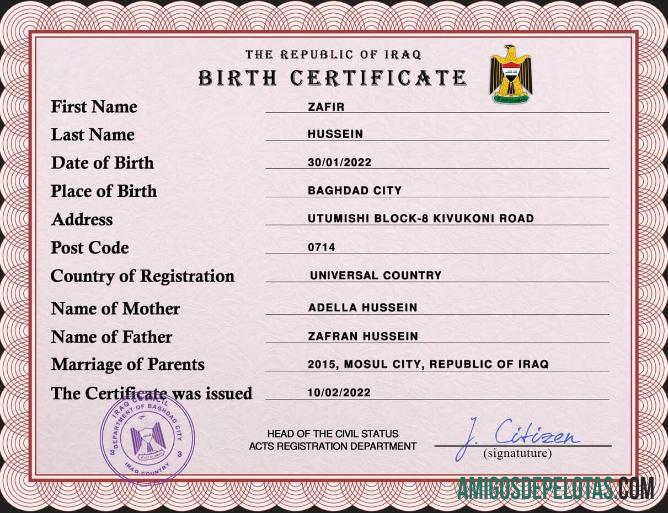 Realista modelo PSD de certidão de nascimento de registro vital do Iraque